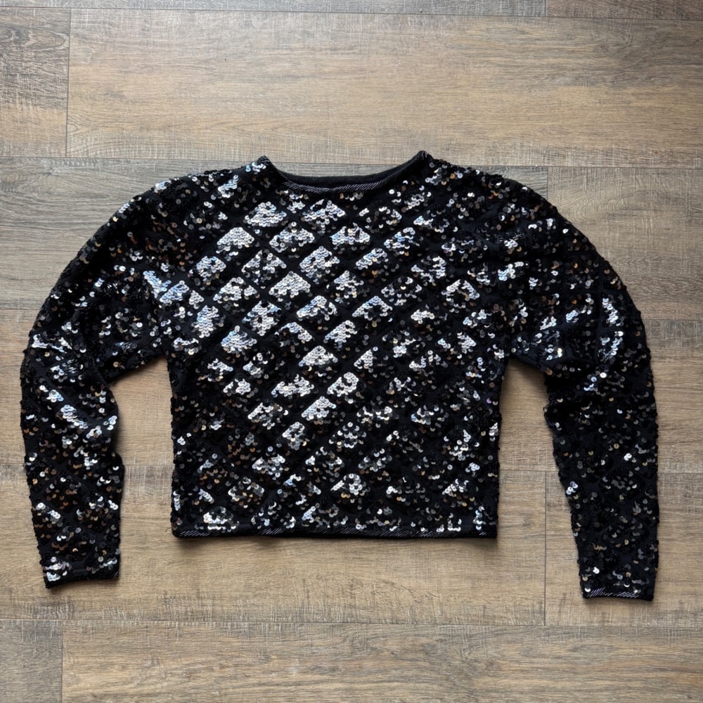 Cathy Hardwick Vintage 100% Wool Sequin‎ Diamond Pattern Top Black Silver Medium